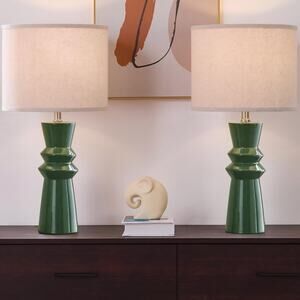 25" Green Ceramic Table Lamp Set of 2-3-Way Dimmable Nightstand Lamps with Palli